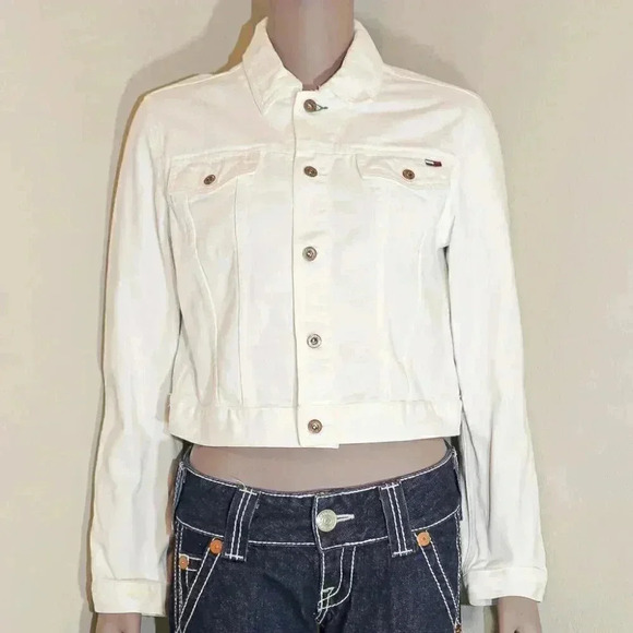 Tommy Jeans White Jean Cropped Jacket Collared Top Size Medium Casual Fall Top - Picture 1 of 5